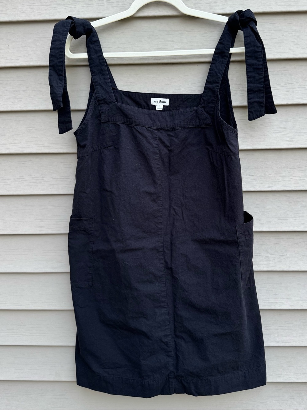 Icebird Black Cotton Pinafore Apron Dress M Tie Shoulder Pockets